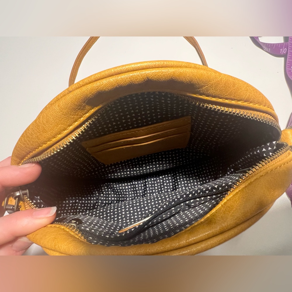 Antik Kraft Round Mustard Yellow Vegan Leather Crossbody Bag - Picture 8 of 12